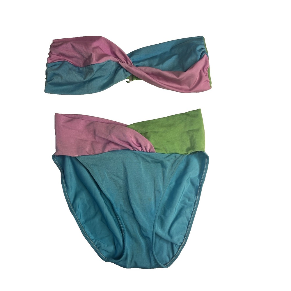 Vtg 80s Cole of California Bikini Women 12 Crossover Bandeau Colorblock Retro - Picture 1 of 10